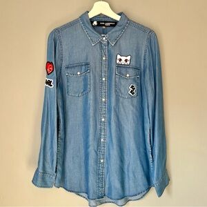 Karl Lagerfeld Light Blue Denim Shirt with Embroidered Patches